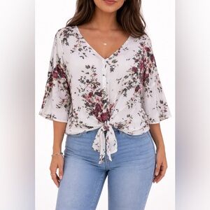 LUQ White Floral Tie-Front Top 3/4 Bell Sleeve V-Neck Boho Blouse XL